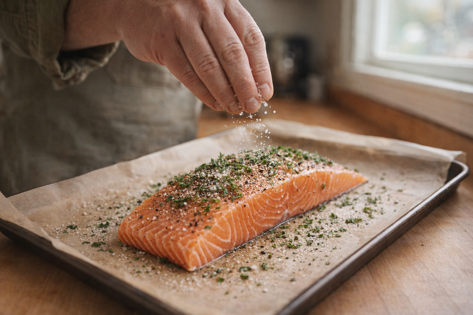 Close-up shot of a salmon fillet being seasoned with salt, pepper, and fresh herbs on a parchment-lined baking sheet, natural light from a window